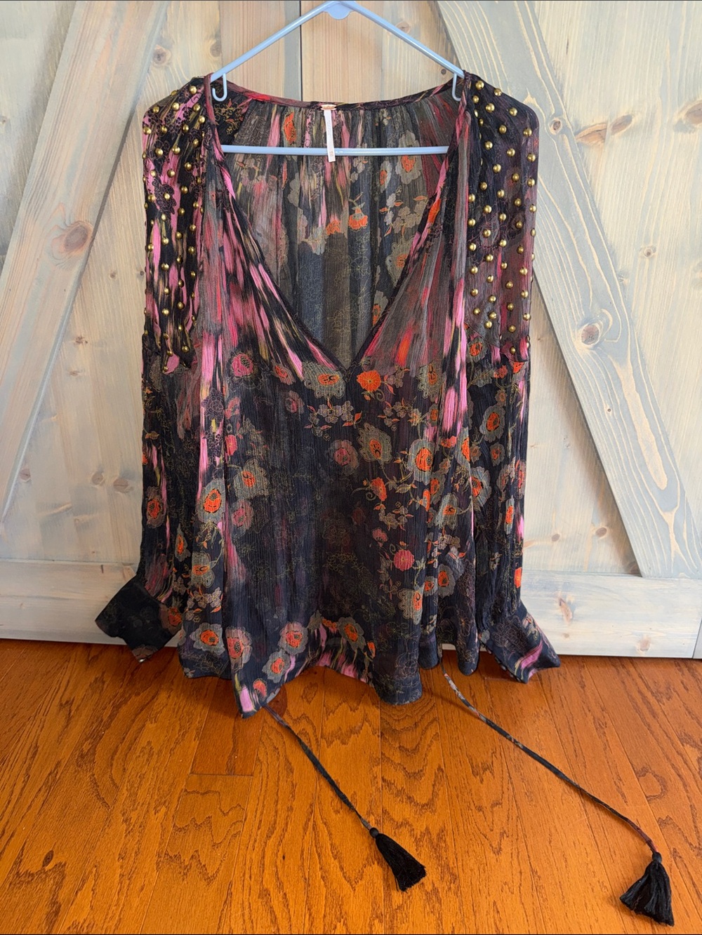 Free People Black Floral Sheer V-Neck Blouse with Pink & Orange Accents